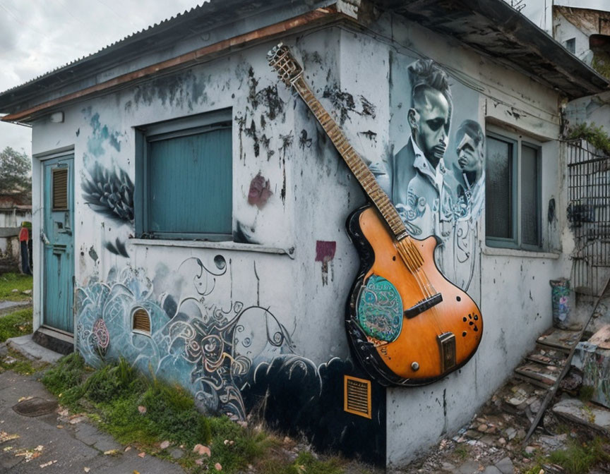 Weathered building with elaborate street art and realistic guitar painting