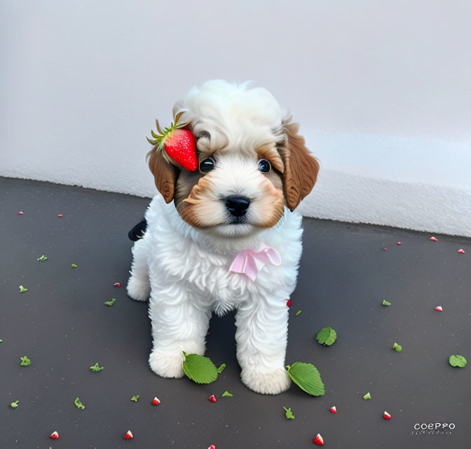 Fluffy Puppy with Strawberry, Pink Bow, Petals, and Slices