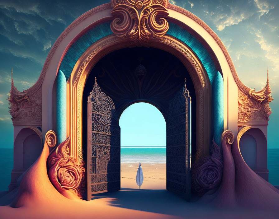 Ornate Archway Leading to Serene Beach