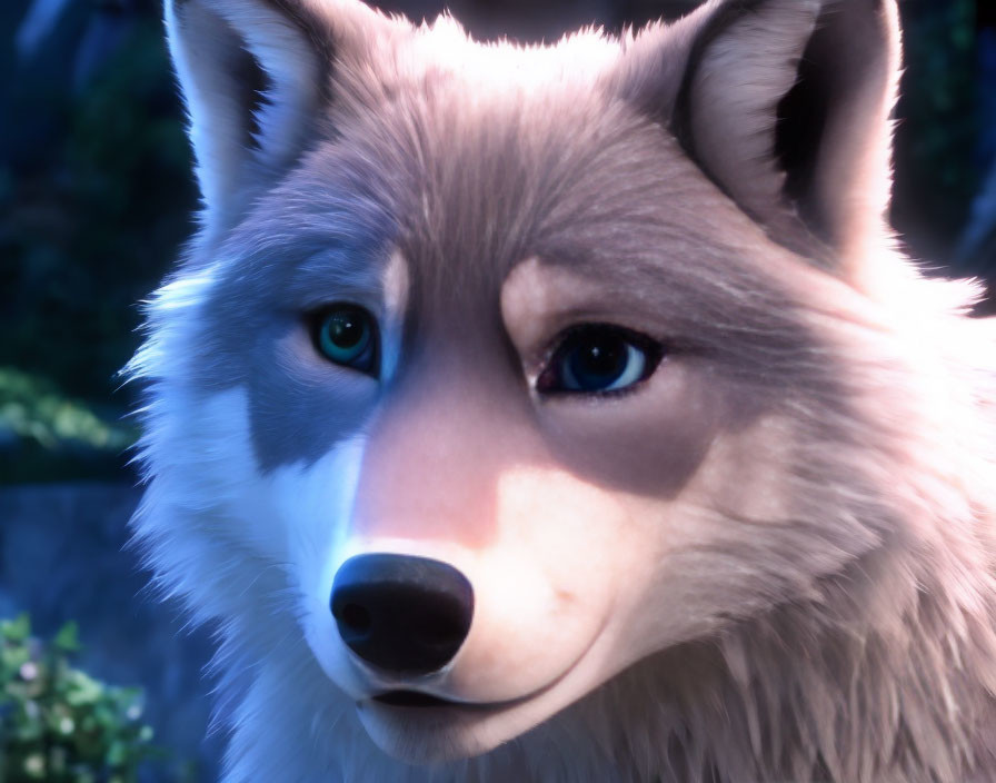 Detailed 3D-animated wolf with soft fur and blue eyes in forest setting