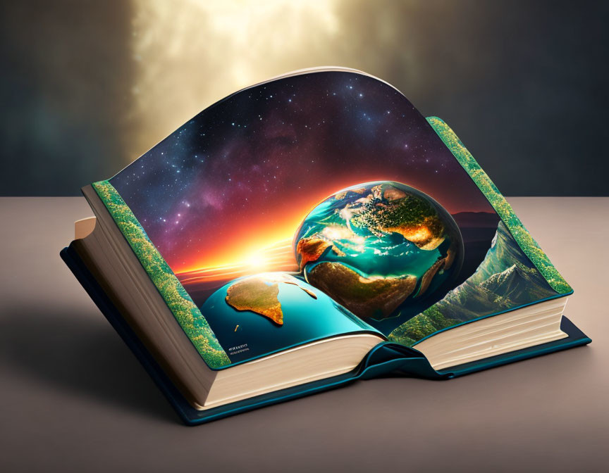 Open book with vibrant Earth pages against cosmic backdrop