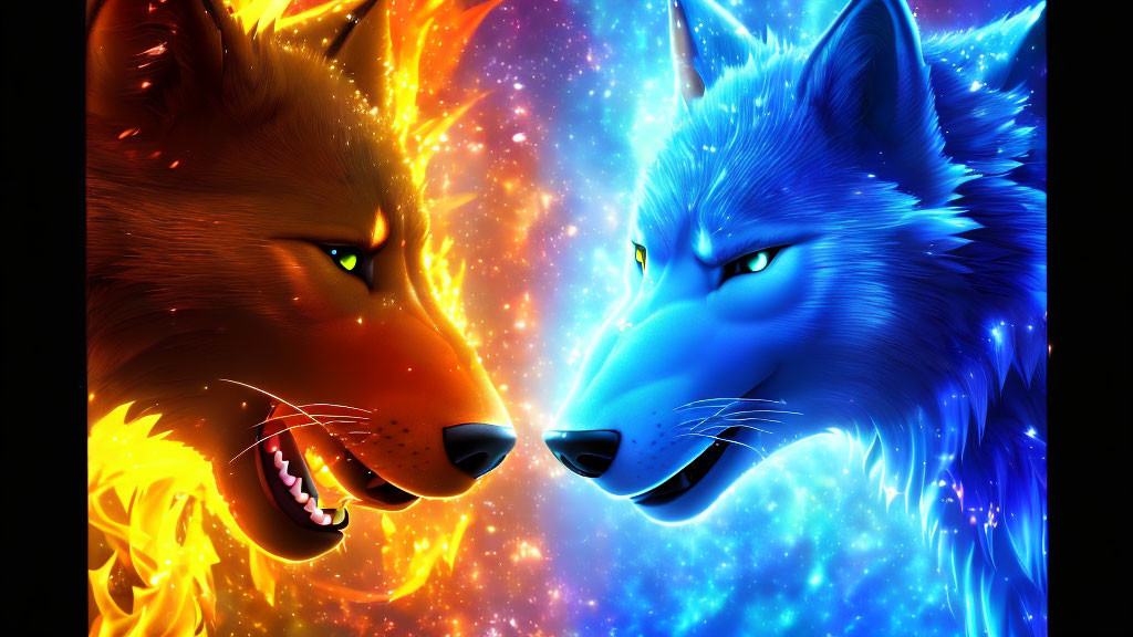 Flaming and glowing wolves in cosmic setting