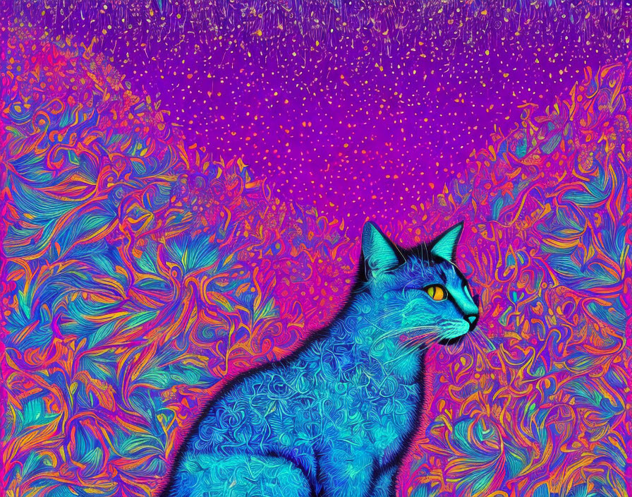 Colorful Psychedelic Blue Cat Artwork on Swirling Background