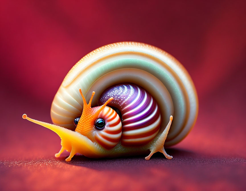 Vibrant Spiral Shell Snail on Red Background