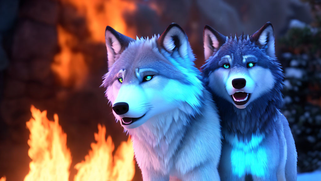 Vibrant fur animated wolves in fiery backdrop