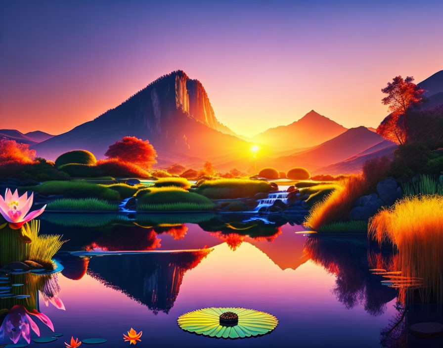 Scenic sunset over mountain, lake, and lush foliage