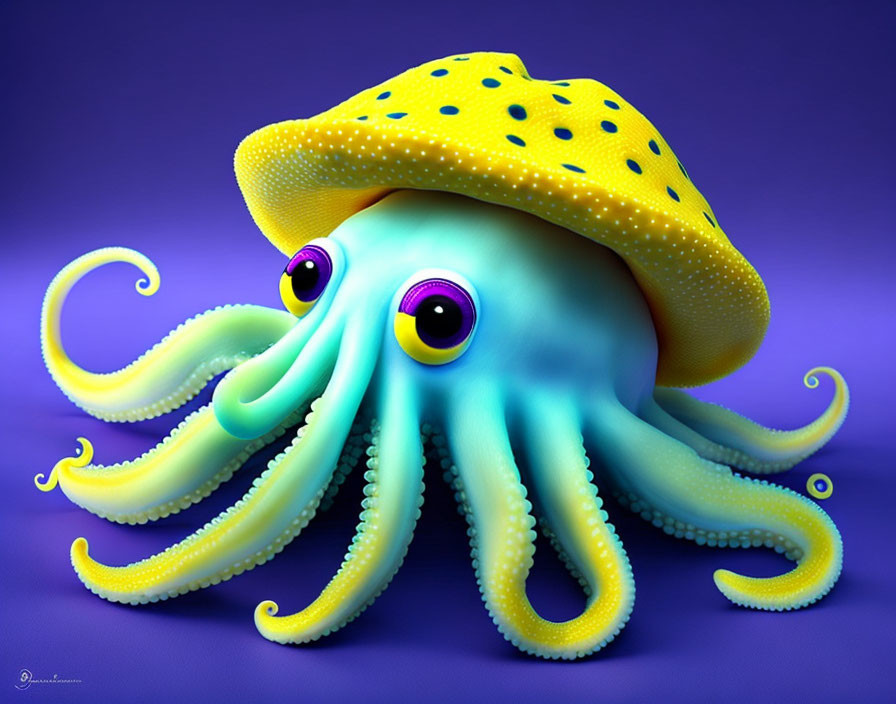 Colorful Cartoon Octopus with Yellow Hat on Purple Background