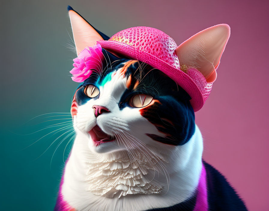 Colorful Cat with Pink Flower Hat in Whimsical Digital Art