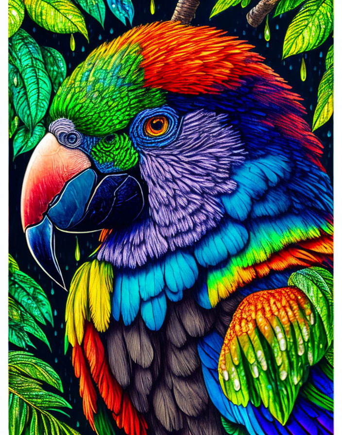 Colorful Parrot Illustration Surrounded by Lush Green Leaves