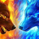 Flaming and glowing wolves in cosmic setting
