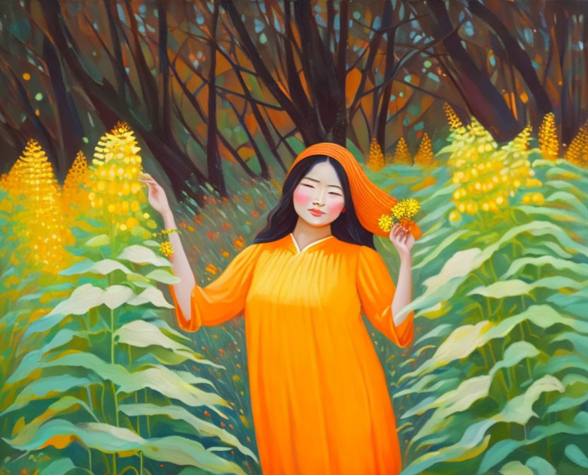 Asian woman in Orange dress