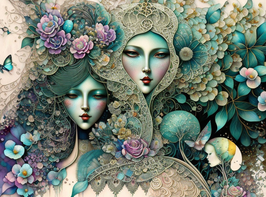 Stylized female figures surrounded by flowers and butterflies
