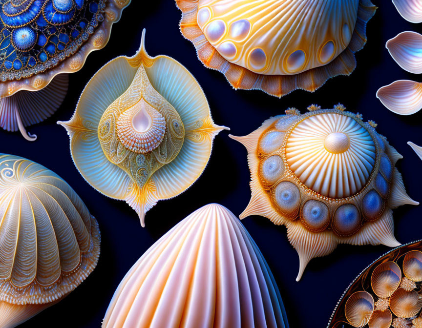 Vibrant digital art featuring intricate shell-like patterns on dark blue background