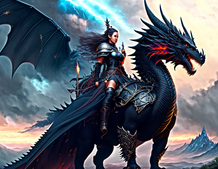 Armored warrior rides black dragon in dramatic sky