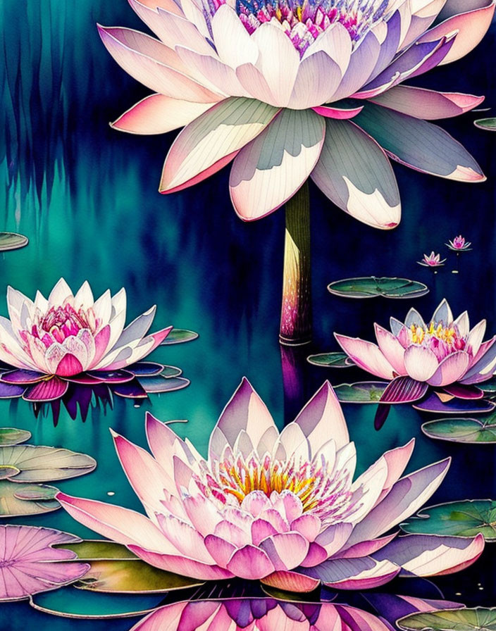 Colorful Lotus Flower Illustration with Lily Pads in Tranquil Pond