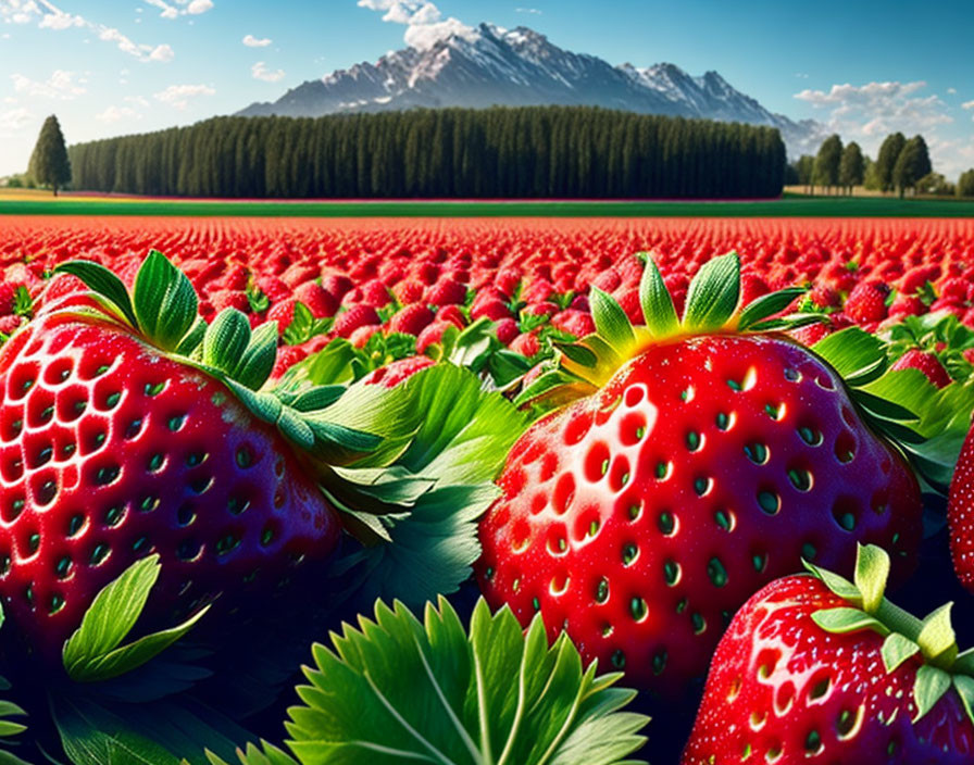 Fresh ripe strawberries in vast field with green leaves, blue sky, distant mountain.