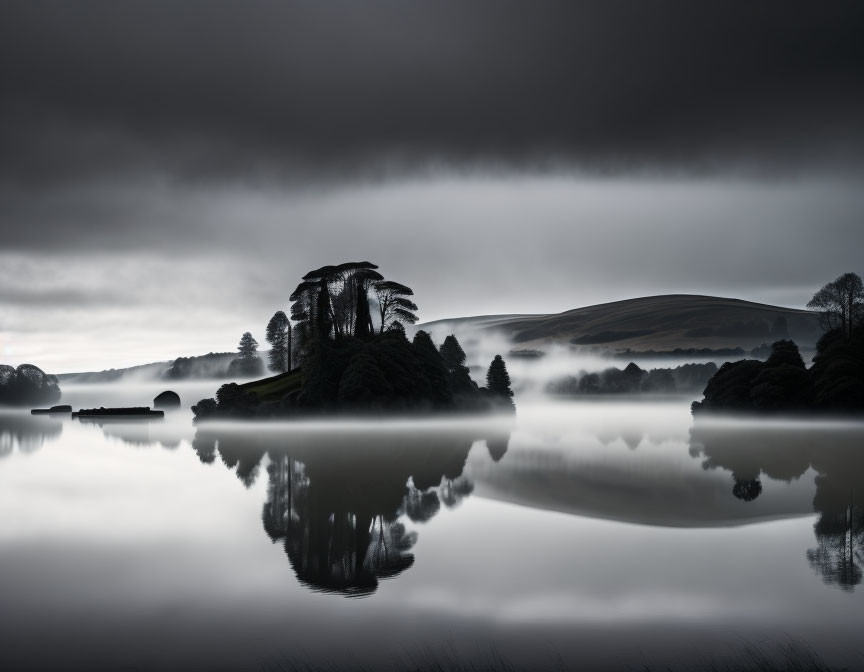 Misty lake landscape with silhouetted trees and rolling hills