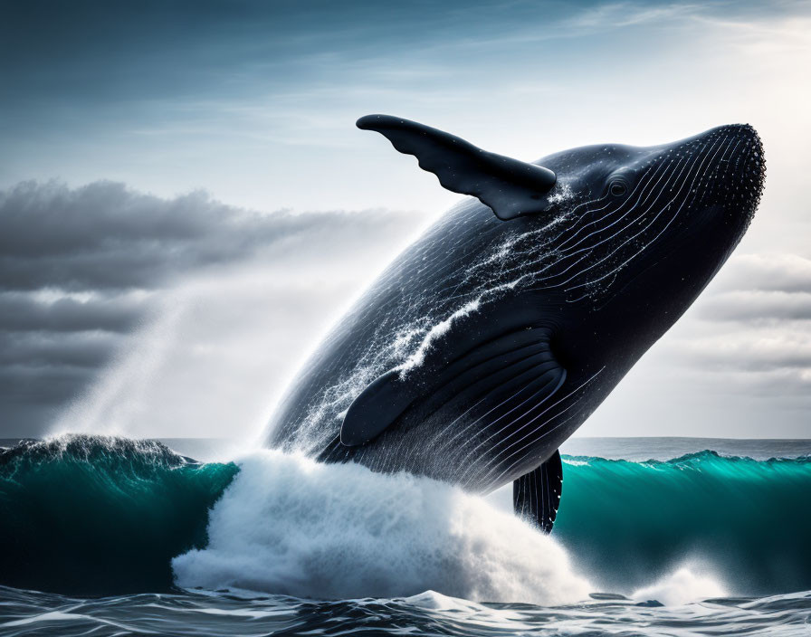 Humpback Whale Breaching Ocean Surface with Dramatic Sky