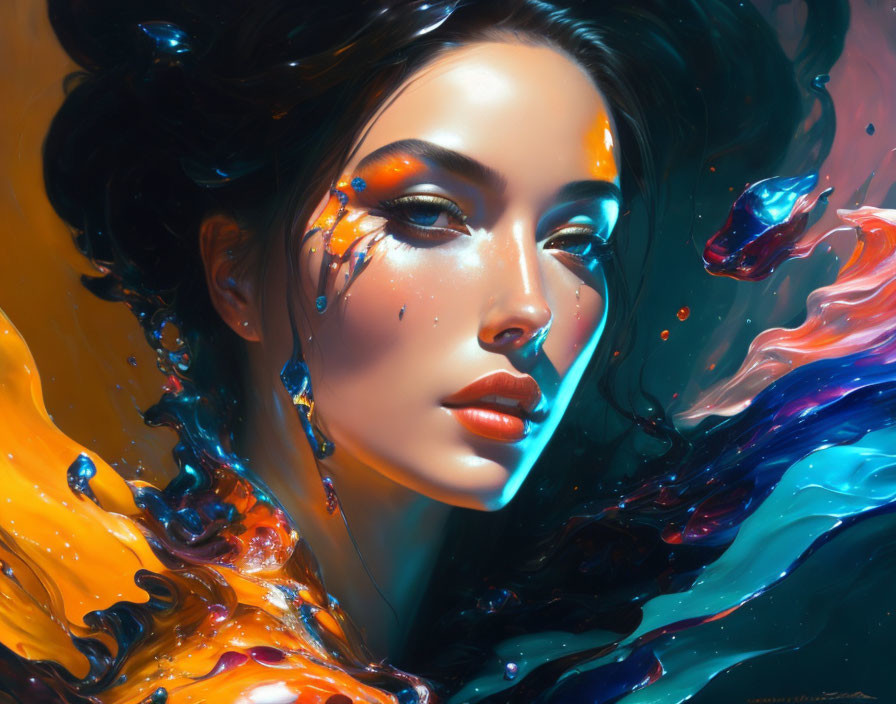 Vibrant digital art portrait of a woman with luminous skin surrounded by flowing colors