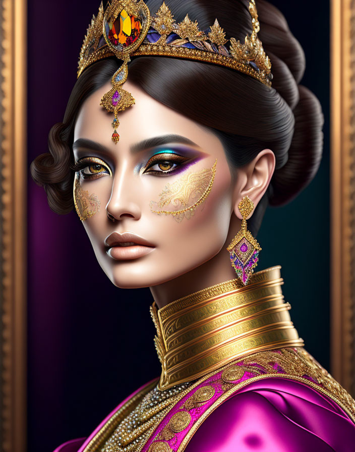 Detailed illustration of regally adorned woman in golden jewelry and purple garment.