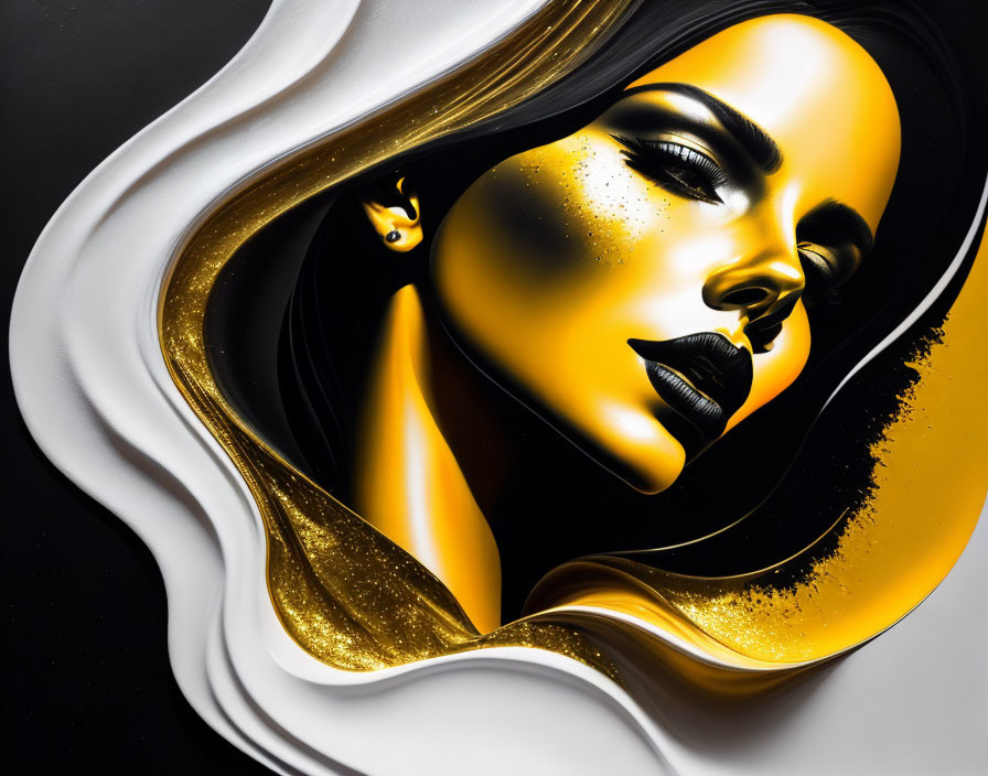 Abstract black and gold profile painting with flowing lines and shimmering contrasts