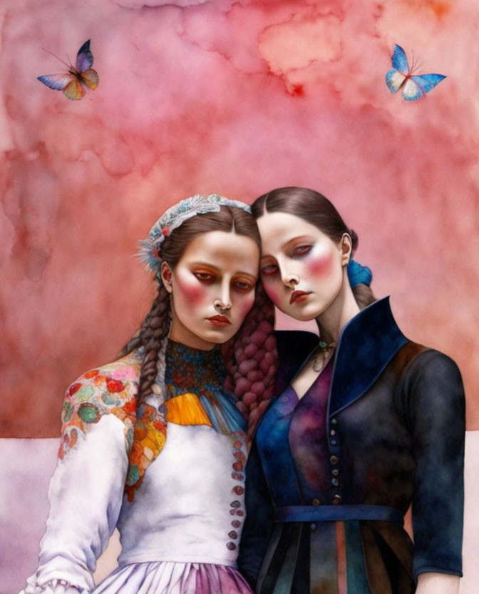 Two women in Victorian attire with braided hair standing against a pink-hued cloudy backdrop with fluttering