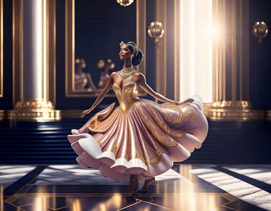 Luxurious gold and white ballgown twirl in grand hall with sunlight.