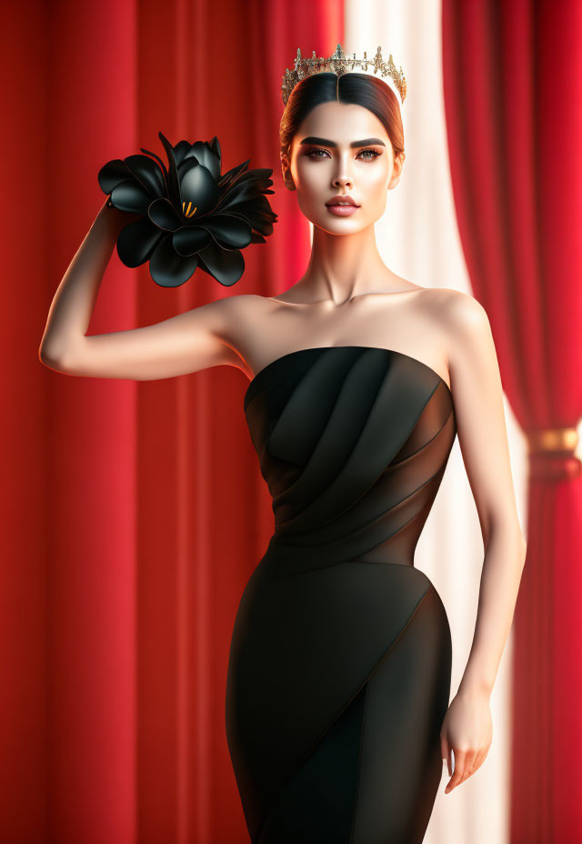 Woman in Black Dress with Shoulder Flower Detail and Tiara Against Red Curtains