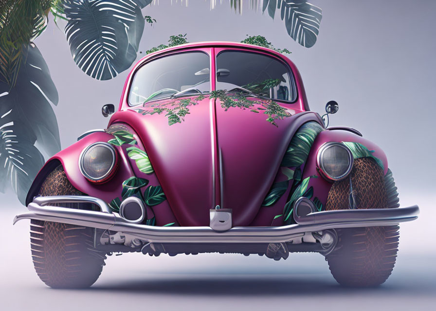 Pink Volkswagen Beetle with tropical leaf graphics on grey background