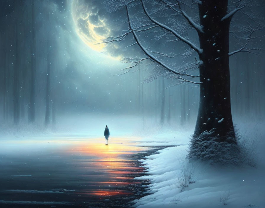 Solitary figure by frozen lakeshore under moonlit sky