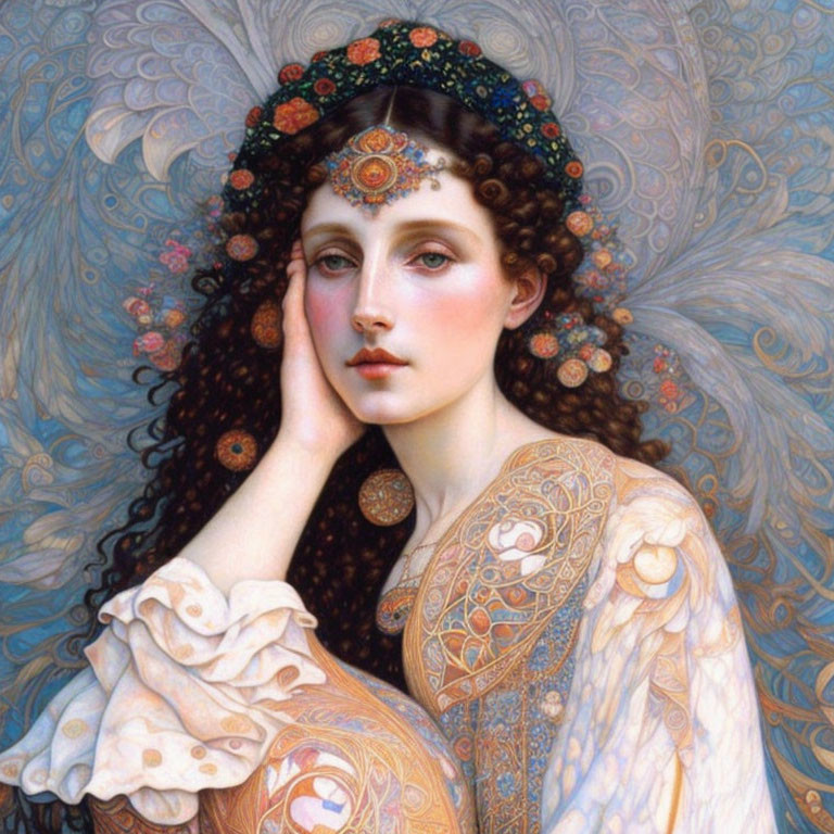 Portrait of Woman with Curly Hair and Jeweled Headpiece