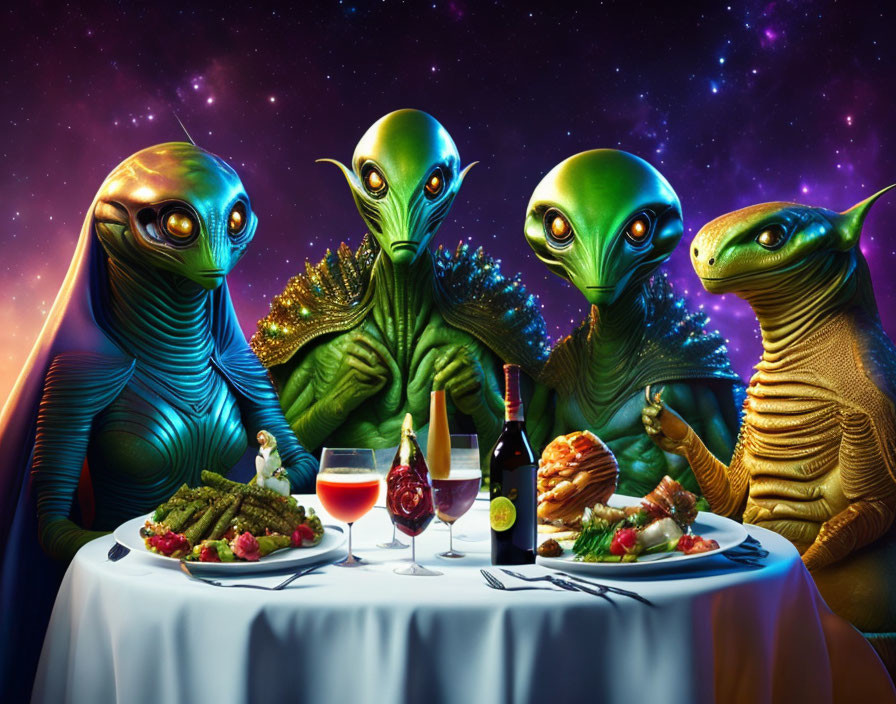 Four aliens dining under starry sky at table