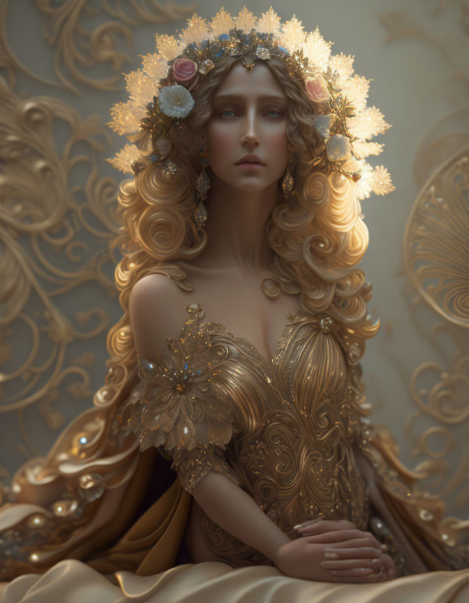Golden-haired woman in regal attire and floral crown poses elegantly