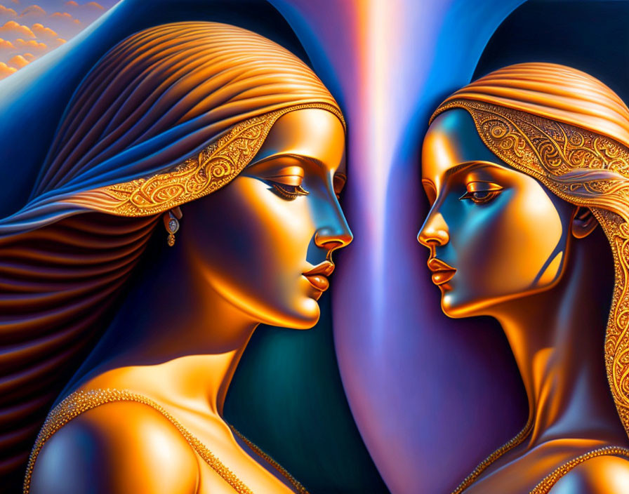 Stylized female figures with ornate headdresses in surreal mirrored setting
