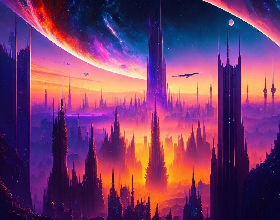 Colorful Alien Cityscape with Towering Spires and Celestial Night Sky