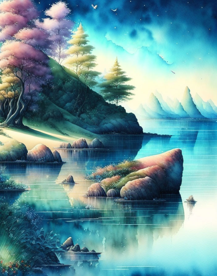 Tranquil fantasy landscape with vibrant trees, calm water, moss-covered rocks, and misty mountains