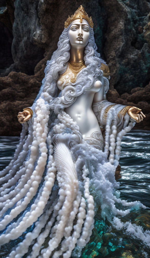 Serene goddess-like statue with white hair and golden adornments in water