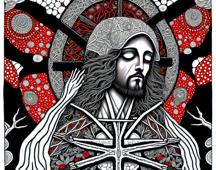 Detailed Illustration of Jesus with Red-patterned Halo and Veins, Serene Expression
