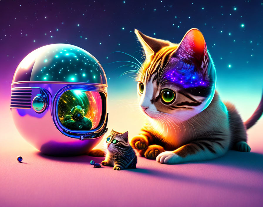 Two cats with cosmic patterns and a galaxy-filled helmet in starry setting