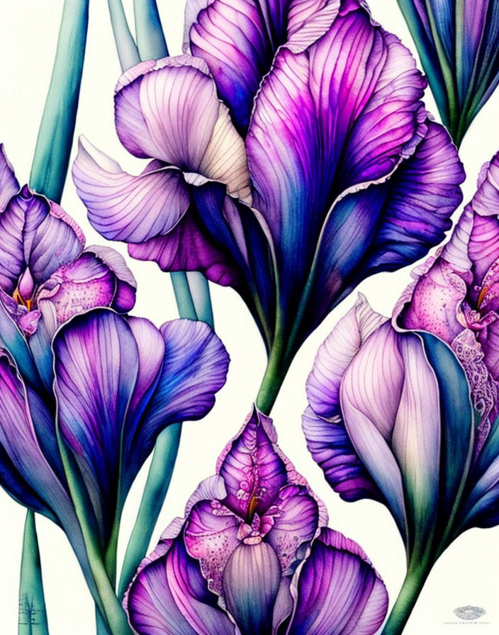 Detailed Purple Iris Illustration on Green Background