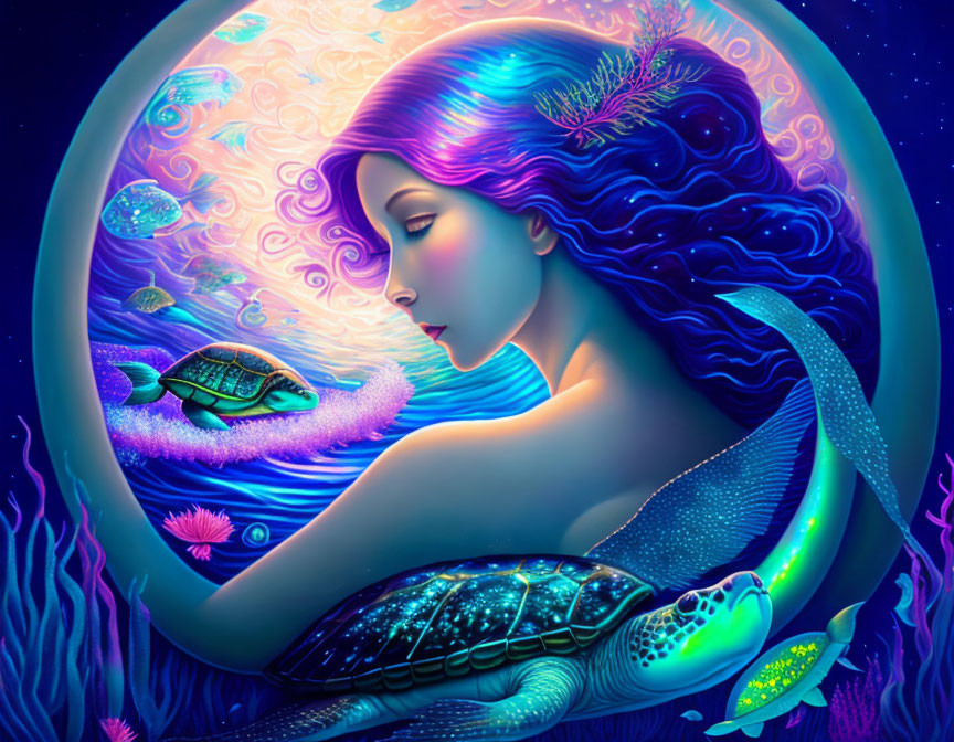 Colorful Illustration: Woman with Sea Turtle and Ocean Elements