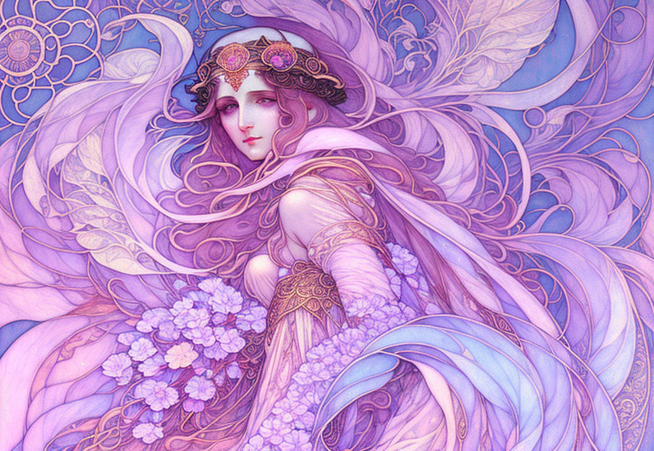 Ethereal woman in intricate garments with flowing hair and flowers surrounded by vibrant pastel colors.