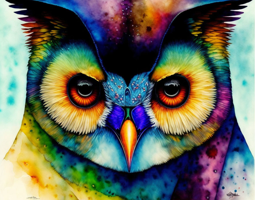 Colorful Owl Watercolor Painting with Blue, Yellow, and Green Hues