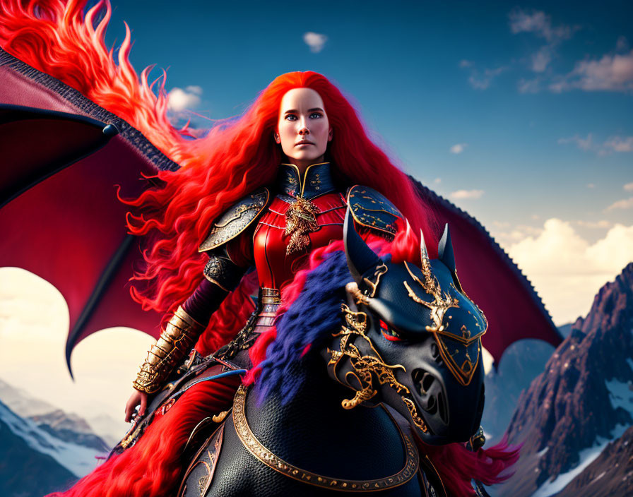 Fiery red-haired warrior on dragon-winged horse in mountain setting