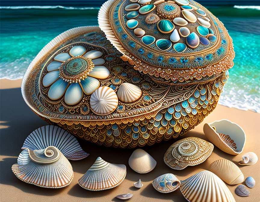 Ornate digitally created seashell on sandy beach with intricate patterns