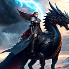 Armored warrior rides black dragon in dramatic sky