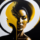 Abstract art featuring woman with golden skin, black hair, white and black swirling background.