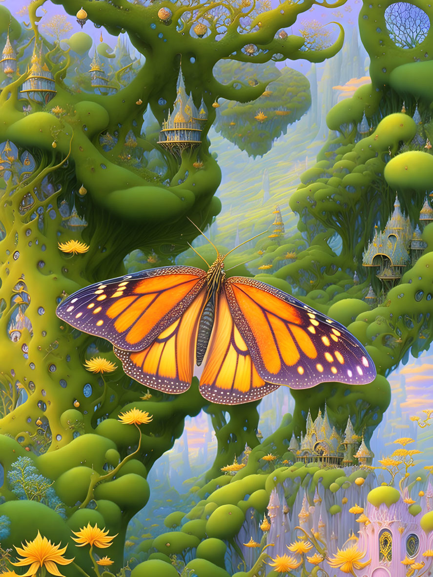 Colorful Butterfly with Fantasy Landscape and Castles in Dreamlike Scene