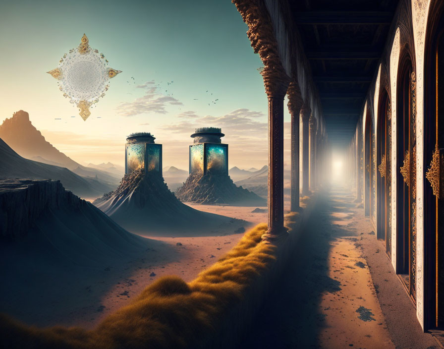 Mystical desert corridor with ornate columns and floating artifacts