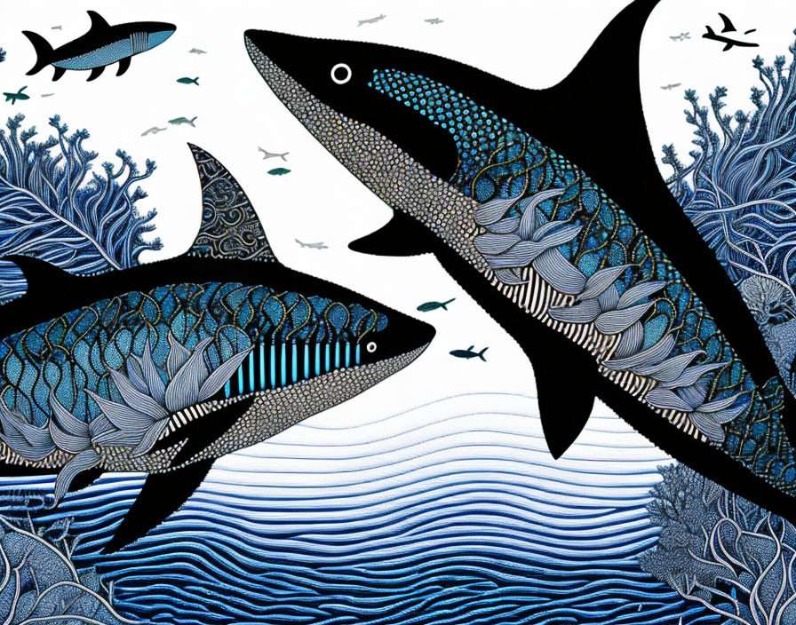 Patterned sharks and marine life in artistic illustration on blue background